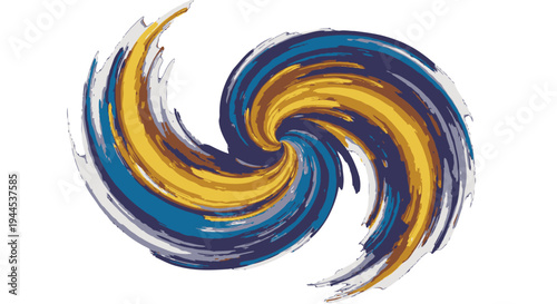 Abstract swirling design with blue, yellow, and brown brushstrokes forming an intertwined S-shape on a white background, suggesting movement and energy.