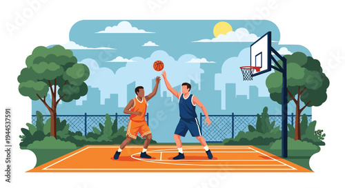 Modern vector illustration of street basketball match on outdoor urban court with competitive players in action
