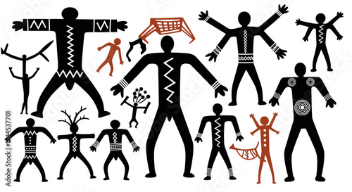 Stylized black and reddish-brown human figures and abstract shapes in a primitive art style, resembling ancient petroglyphs or rock art.