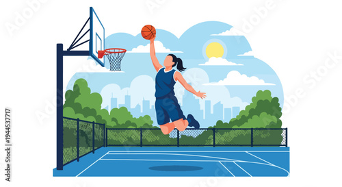 Modern vector illustration of female basketball player performing layup shot in outdoor court