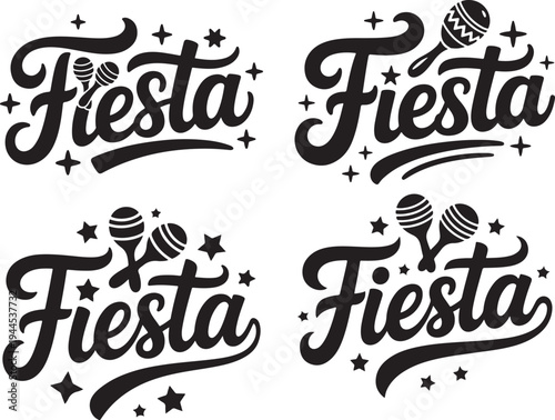 Four black fiesta text graphics with maracas and stars