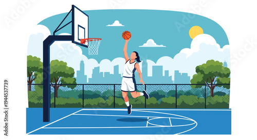 Modern vector illustration of female basketball player performing layup shot in outdoor court