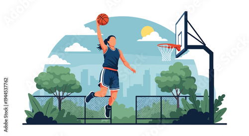 Modern vector illustration of female basketball player performing layup shot in outdoor court