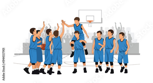 Modern vector illustration of youth basketball team celebrating victory in school gymnasium during tournament event