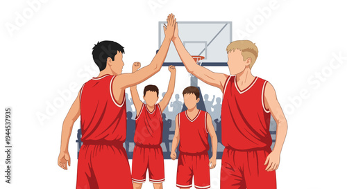 Modern vector illustration of youth basketball team celebrating victory in school gymnasium during tournament event