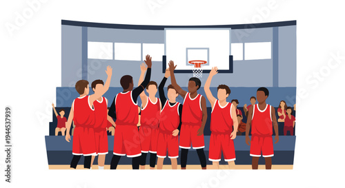Modern vector illustration of youth basketball team celebrating victory in school gymnasium during tournament event