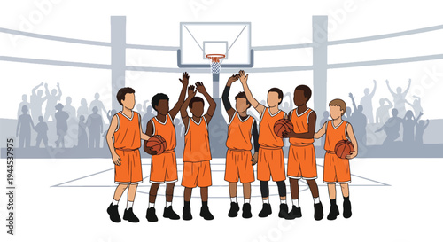 Modern vector illustration of youth basketball team celebrating victory in school gymnasium during tournament event