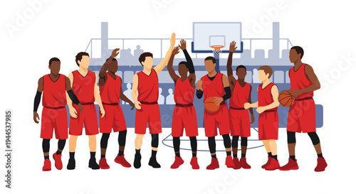 Modern vector illustration of youth basketball team celebrating victory in school gymnasium during tournament event