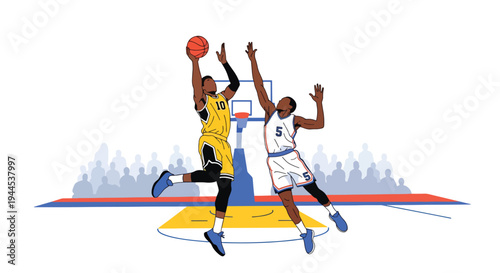 Modern vector illustration of basketball player blocking opponent shot mid air during competitive arena match