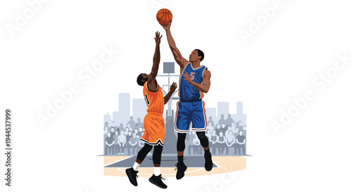 Modern vector illustration of basketball player blocking opponent shot mid air during competitive arena match