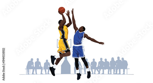 Modern vector illustration of basketball player blocking opponent shot mid air during competitive arena match