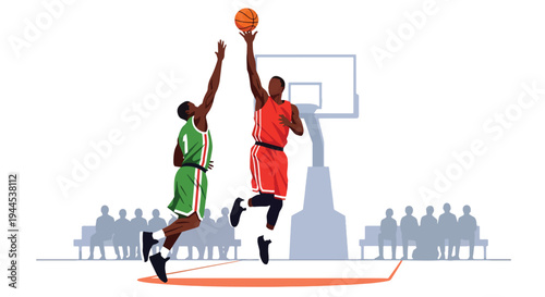 Modern vector illustration of basketball player blocking opponent shot mid air during competitive arena match