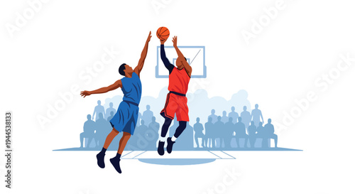 Modern vector illustration of basketball player blocking opponent shot mid air during competitive arena match