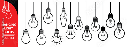 Hanging Light Bulbs Illustration Decorative Lighting Fixtures Black and White Vector Design Electric Lamp Idea Concept Creative