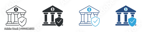 Bank security icon set, bank building with shield check icon. Financial protection concept. Secure banking system symbol. Vector illustration.