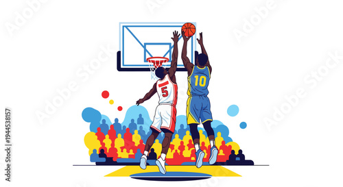 Modern vector illustration of basketball player blocking opponent shot mid air during competitive arena match