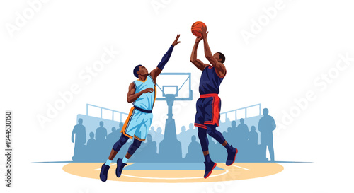 Modern vector illustration of basketball player blocking opponent shot mid air during competitive arena match