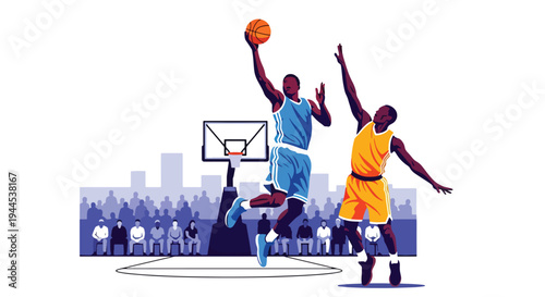 Modern vector illustration of basketball player blocking opponent shot mid air during competitive arena match