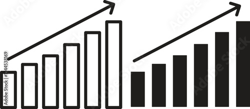 Business growth bar chart with upward arrow trend, financial analytics and statistics graph icon set representing profit increase, market performance and economic progress