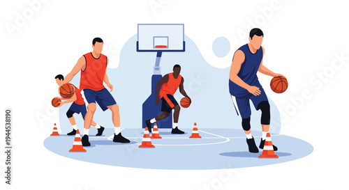Modern vector illustration of basketball training drills with cones and players practicing in indoor gymnasium
