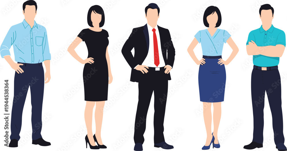 Obraz premium Diverse group of professional business people in formal office attire and smart casual wear, flat vector illustration for corporate team, leadership, and workplace diversity.