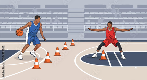 Modern vector illustration of basketball training drills with cones and players practicing in indoor gymnasium