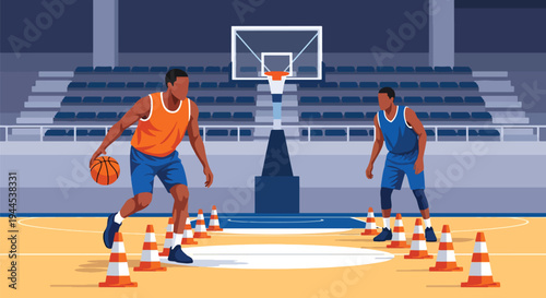 Modern vector illustration of basketball training drills with cones and players practicing in indoor gymnasium
