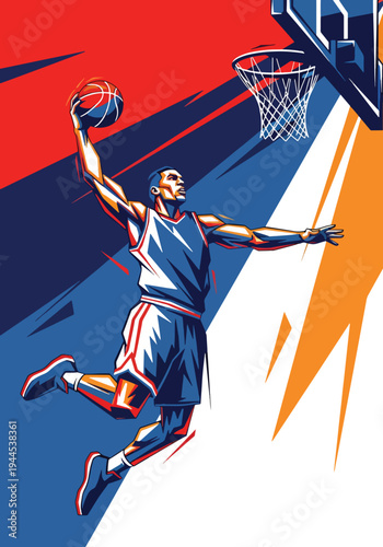 Explosive basketball player performing powerful slam dunk inside modern arena, bold dynamic sports poster style with dramatic lighting and energy streaks, perfect for championship event promotion