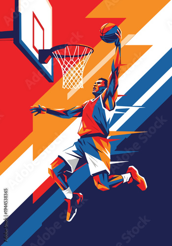 Explosive basketball player performing powerful slam dunk inside modern arena, bold dynamic sports poster style with dramatic lighting and energy streaks, perfect for championship event promotion