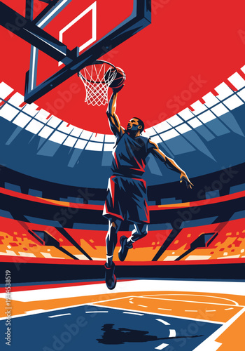 Explosive basketball player performing powerful slam dunk inside modern arena, bold dynamic sports poster style with dramatic lighting and energy streaks, perfect for championship event promotion