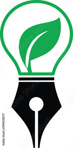 Light bulb with green leaf and pen nib symbol representing eco friendly ideas, green innovation and creative concept. Perfect for sustainable business, education, environment