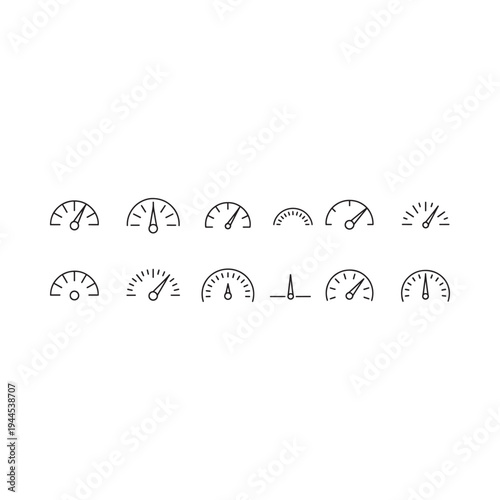 Collection of simple line art speedometer icons on a white background
