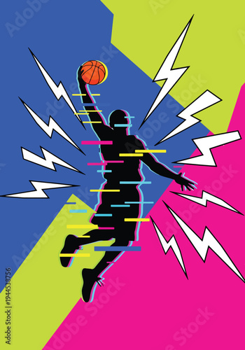 Basketball player silhouette dunking over colorful geometric background in bold pop art sports poster style, energetic urban design perfect for youth league branding and wall decor