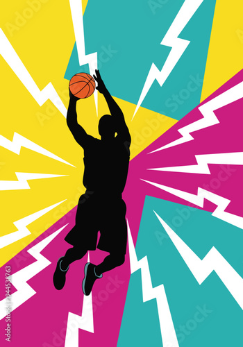 Basketball player silhouette dunking over colorful geometric background in bold pop art sports poster style, energetic urban design perfect for youth league branding and wall decor