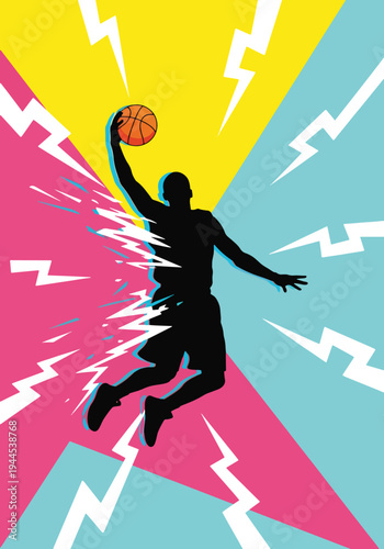 Basketball player silhouette dunking over colorful geometric background in bold pop art sports poster style, energetic urban design perfect for youth league branding and wall decor