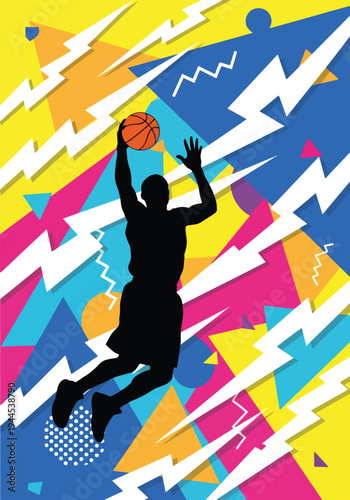 Basketball player silhouette dunking over colorful geometric background in bold pop art sports poster style, energetic urban design perfect for youth league branding and wall decor