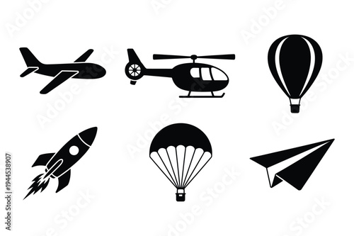 Transportation icons: plane, helicopter, hot air balloon