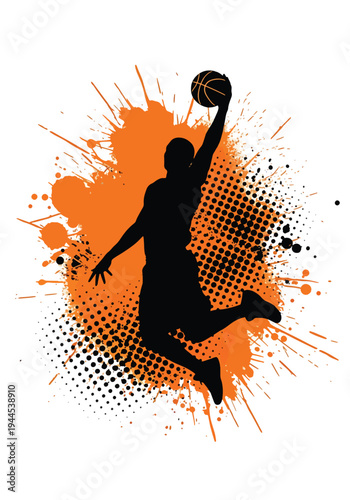 Basketball player silhouette with bold orange paint splash and grunge halftone texture, powerful urban sports poster design ideal for streetball events and championship marketing