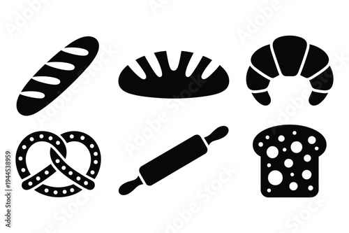 Bakery food icons: bread, croissant, pretzel, rolling pin
