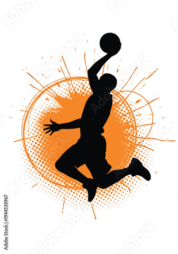 Basketball player silhouette with bold orange paint splash and grunge halftone texture, powerful urban sports poster design ideal for streetball events and championship marketing