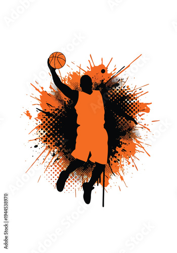 Basketball player silhouette with bold orange paint splash and grunge halftone texture, powerful urban sports poster design ideal for streetball events and championship marketing
