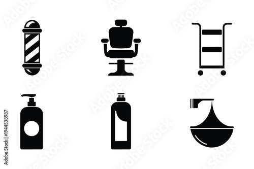 Barber shop icons: chair, pole, products, equipment