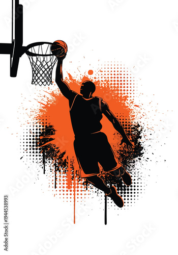 Basketball player silhouette with bold orange paint splash and grunge halftone texture, powerful urban sports poster design ideal for streetball events and championship marketing