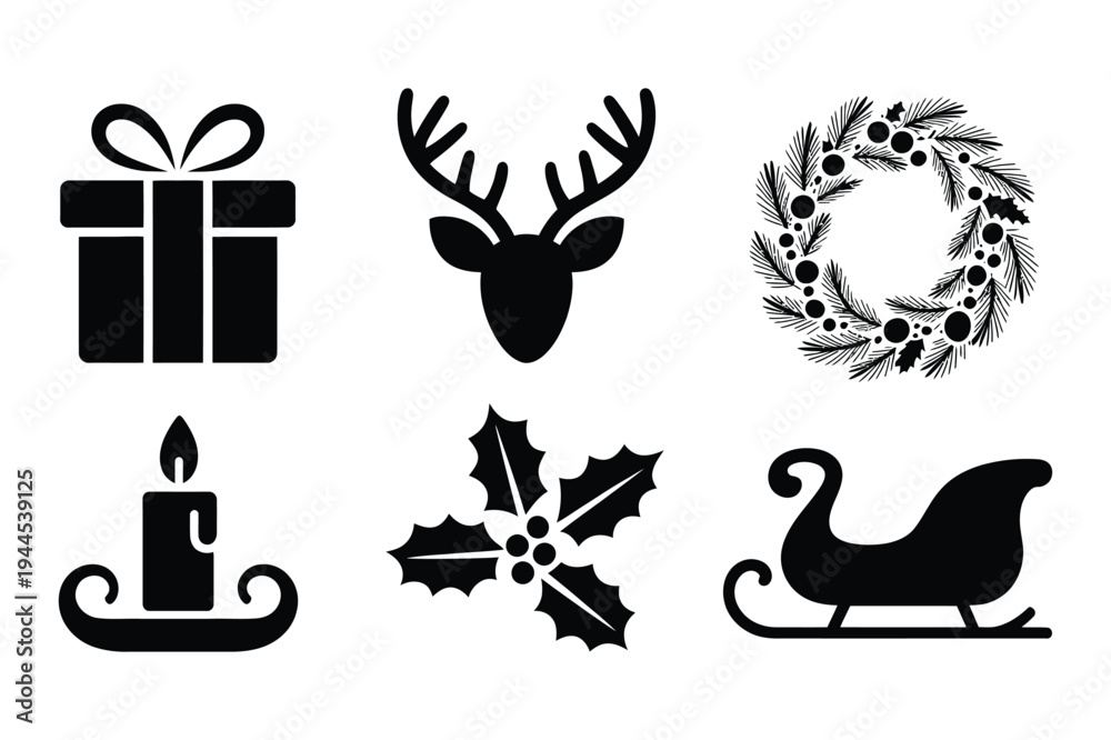 Fototapeta premium Christmas icons: gift box, reindeer head, wreath, candle