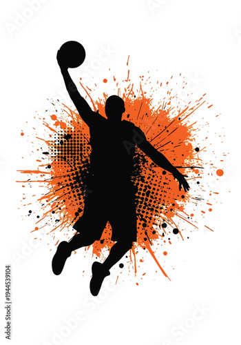 Basketball player silhouette with bold orange paint splash and grunge halftone texture, powerful urban sports poster design ideal for streetball events and championship marketing