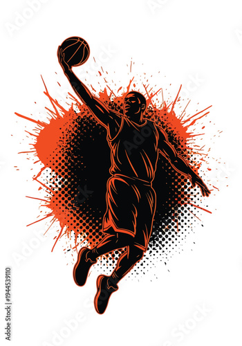 Basketball player silhouette with bold orange paint splash and grunge halftone texture, powerful urban sports poster design ideal for streetball events and championship marketing
