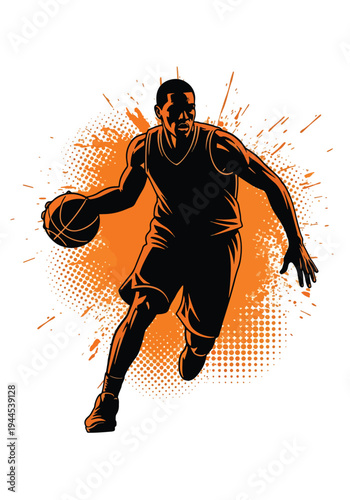 Basketball player silhouette with bold orange paint splash and grunge halftone texture, powerful urban sports poster design ideal for streetball events and championship marketing