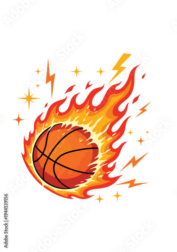 Fiery basketball ball with flames and lightning bolts in vintage sports poster style, bold championship concept artwork ideal for tournament promotion and athletic branding