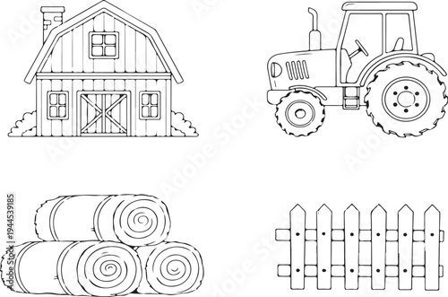Farm barn tractor hay bales fence