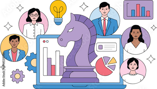 Business analytics strategy illustration with chess knight on laptop, charts, professional avatars, and lightbulb concept in modern flat style